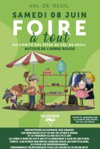 Foire à tout du Comité des Fêtes de Val-de-Reuil, samedi 8 juin au niveau de l'arbre rouge.