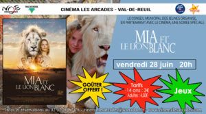 Vendredi 28 juin 2024 à 20h, Le Cinéma Les Arcades de Val-de-Reuil en partenariat avec le CMJ (conseil municipal des jaunes) organisent une soirée autour du film "Mia et lion blanc", réalisé par Gilles de Maistre.