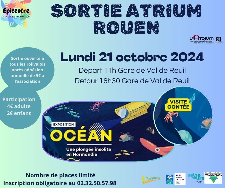 L'Espace de Vie Sociale propose une sortie à l'Atrium de Rouen pour visiter l'exposition "Océan" le lundi 21 octobre 2024.