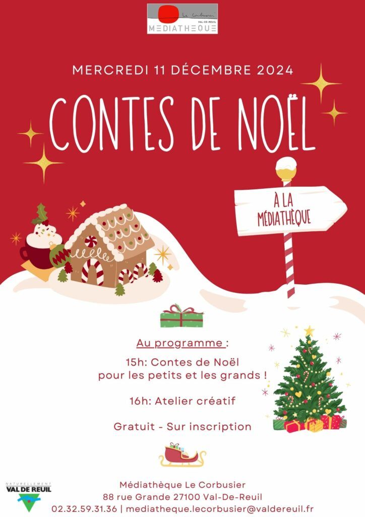 Les bibliothécaires de la médiathèque Le Corbusier, dans un décor féérique, vous invitent le mercredi 11 Décembre à 15h, à venir écouter des contes et légendes autour du thème de Noël, puis à 16h, à participer à l’atelier créatif.