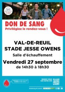 La prochaine collecte de sang, organisée par l’Établissement Français du Sang (EFS) se déroulera vendredi 27 septembre, de 14h30 à 18h30, au Stade Jesse Owens de Val-de-Reuil.