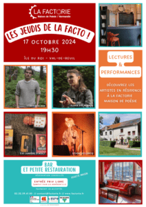 SORTIE DE RESIDENCE Les premier.e.s résident.e.s de la saison sont arrivé.e.s hier à la Factorie. Venez découvrir leurs univers le jeudi 17 octobre à 19h30 ! Jeudi 17 octobre 2024 19h30 Île du Roi - 27100 VAL-DE-REUIL Entrée à prix libre