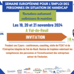 Semaine Européenne pour l'Emploi des Personnes Handicapées (SEEPH) Acteur du territoire, Vous voulez valoriser votre politique RSE, Vous souhaitez recruter autrement, certains de vos salariés sont en situation de handicap, Notez d’ores et déjà dans vos agendas l’évènement des 19, 20 et 21 novembre 2024 : Recrutons Autrement et Valorisons le Maintien. Au programme : conférences, handi-coaching , sensibilisations aux aménagements de postes, temps d’échanges et partage de belles réussites.