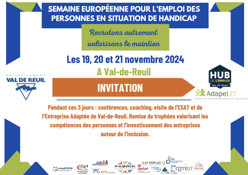 Semaine Européenne pour l'Emploi des Personnes Handicapées (SEEPH) Acteur du territoire, Vous voulez valoriser votre politique RSE, Vous souhaitez recruter autrement, certains de vos salariés sont en situation de handicap, Notez d’ores et déjà dans vos agendas l’évènement des 19, 20 et 21 novembre 2024 : Recrutons Autrement et Valorisons le Maintien. Au programme : conférences, handi-coaching , sensibilisations aux aménagements de postes, temps d’échanges et partage de belles réussites.