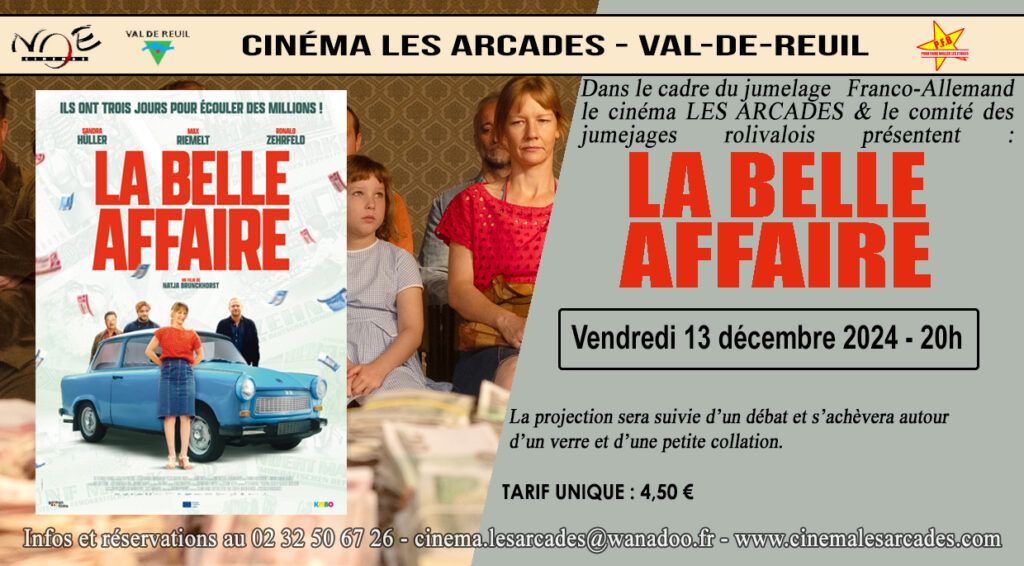 Vendredi 13 décembre 2024 à 20h, Le Cinéma Les Arcades de Val-de-Reuil et le comité de jumelage rolivalois organisent une soirée franco-allemande autour du film "La belle affaire", réalisé par Natja Brunckhorst.