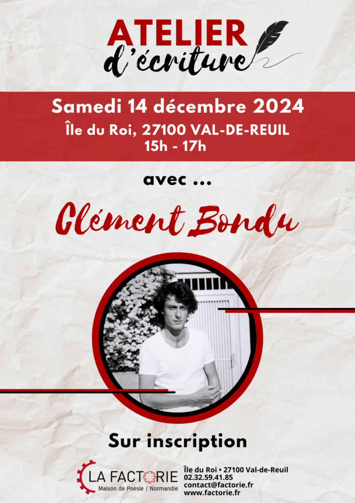 La Factorie vous propose de faire travailler votre créativité avec l'atelier d'écriture animé par Clément Bondu, samedi 14 décembre de 15h à 17h.